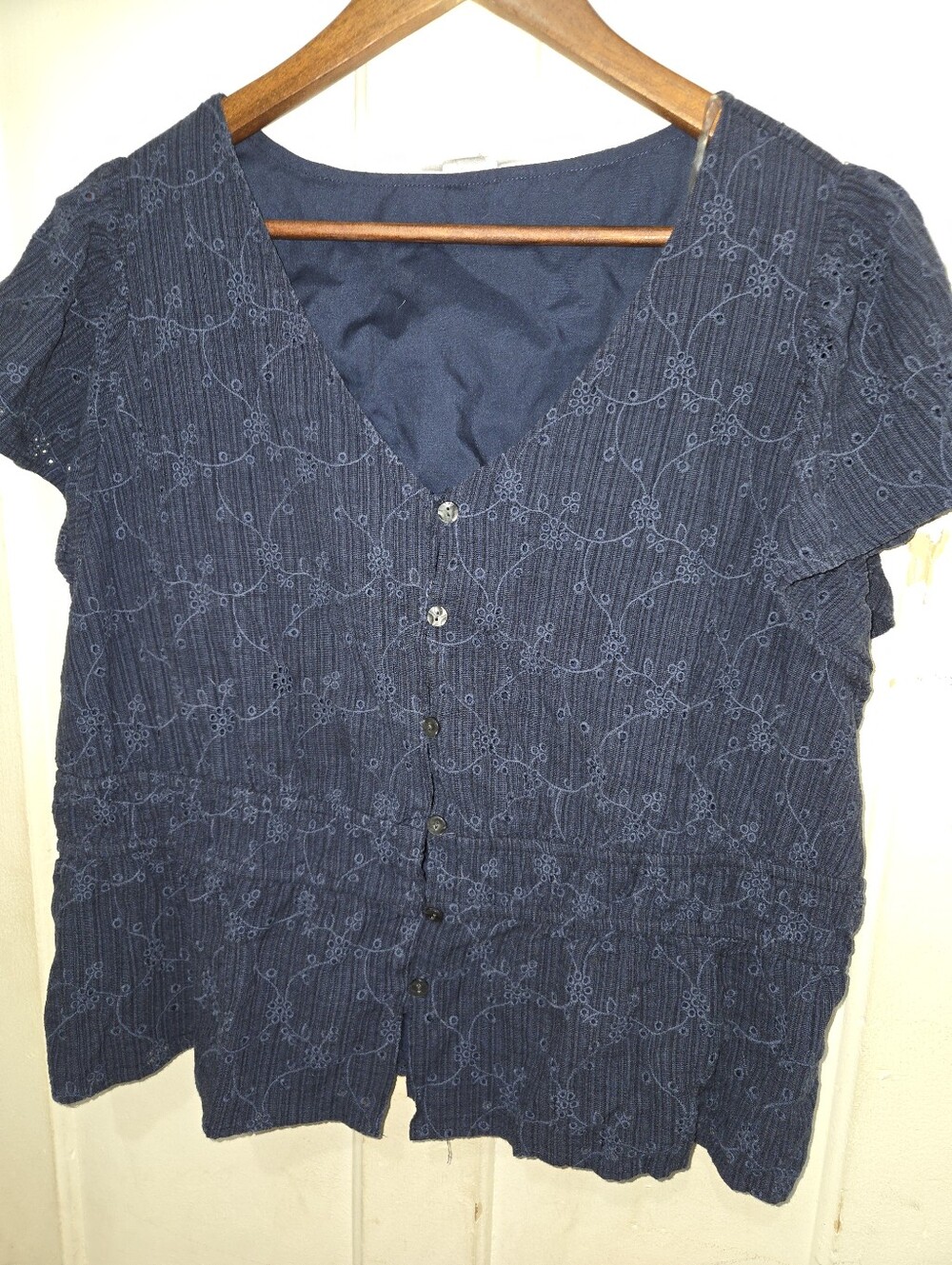 Navy Embroidered Button  V-Neck Top XXXL